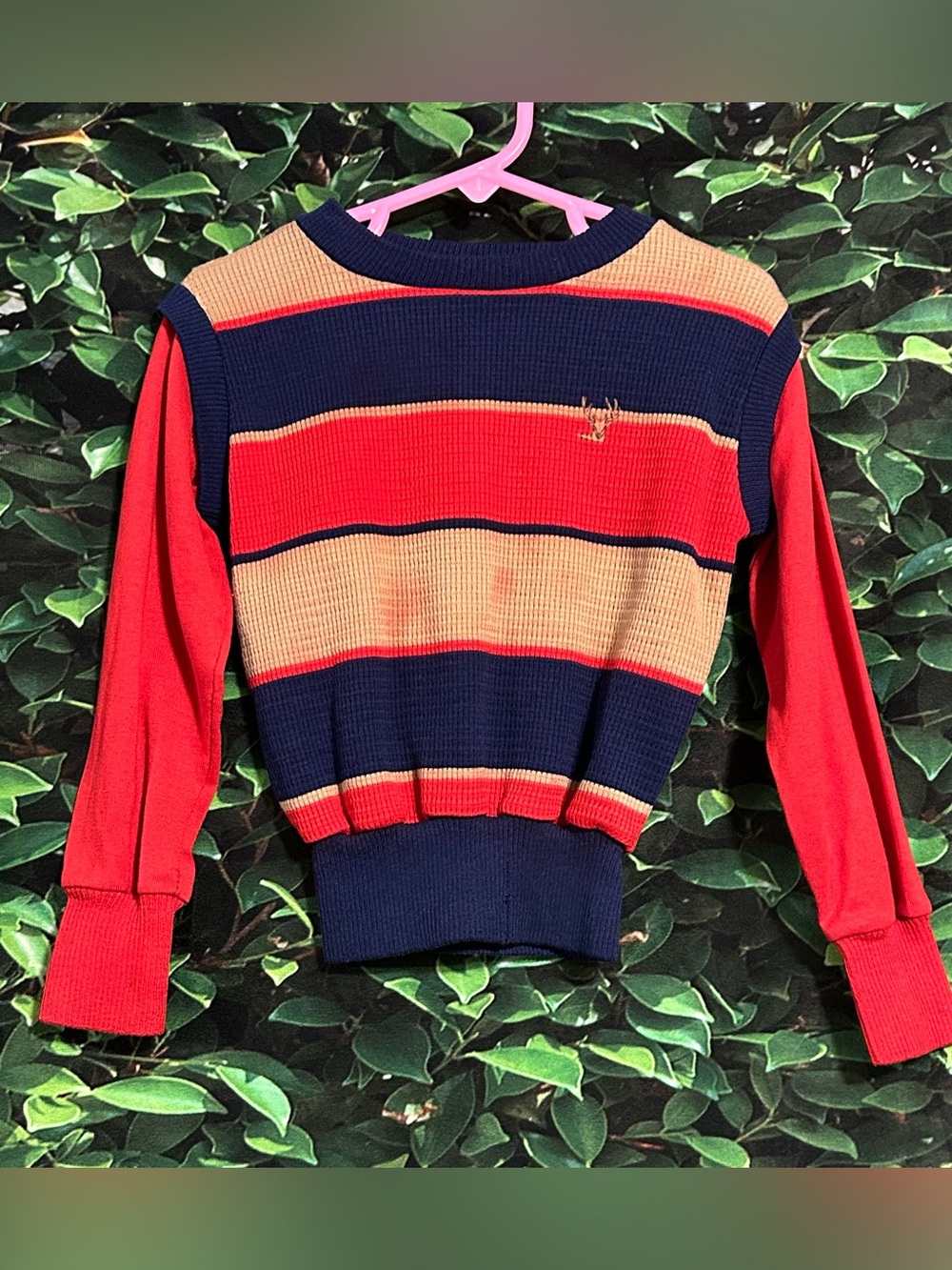 Vintage 80s HealthTex Striped Long Sleeve Cotton Shirt Deer Patch Boys 6 Flaws